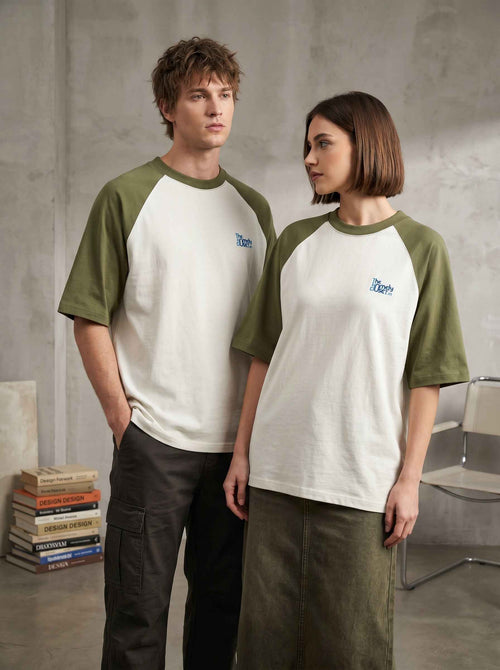 Double Play – Olive Green & Off White Oversized Raglan T-Shirt (180gsm)
