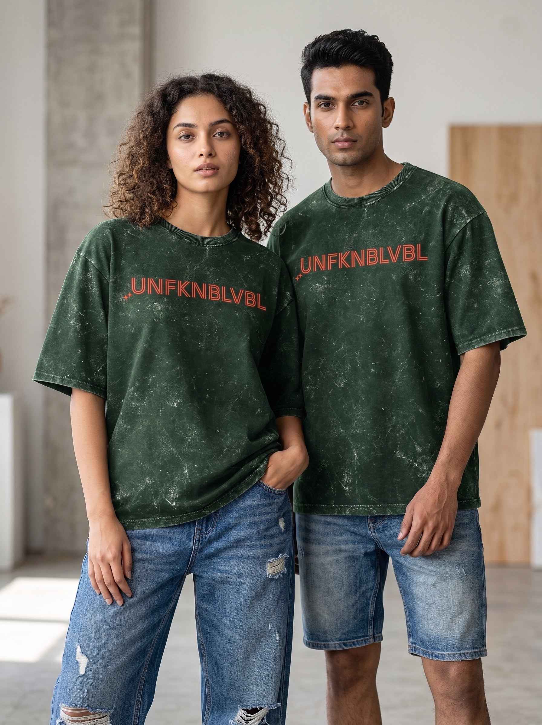 UNFKNBLVBL - Bottle Green Acid Wash Tee (240gsm)